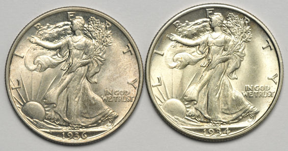 Four UNC Walking Liberty half-dollars - 1934, 1935, 1936, and 1936-D
