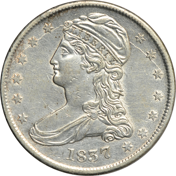 1828 and 1837 Bust half-dollars, plus a 1915-D Barber half-dollar, all with XF details
