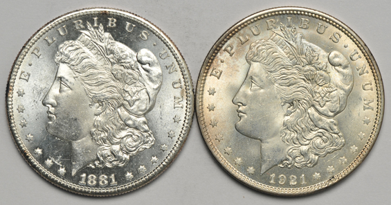 Four BU Morgan silver dollars - 1881-S, 1882-O, 1883-O and 1921