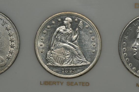 Collection of thirty-six US type coins in a Capital Plastics holder