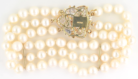 14K Yellow Gold Three-Strand Pearl Bracelet 