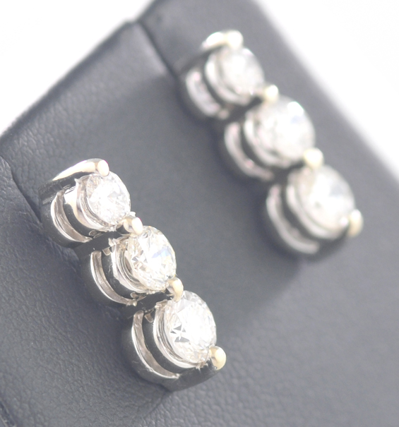 14K Three Stone Diamond Earrings