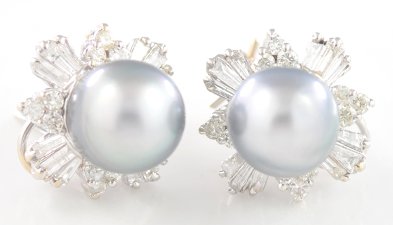14K White Gold Tahitian Pearl and Diamond Earrings