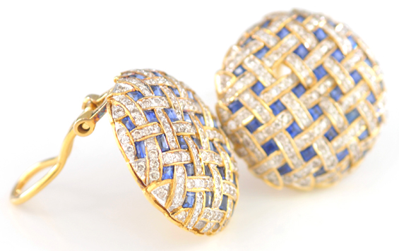18K Yellow Gold Diamond and Sapphire Earrings 