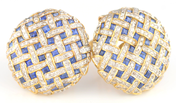 18K Yellow Gold Diamond and Sapphire Earrings 