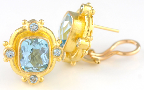 18K Yellow Gold Blue Topaz Earrings 