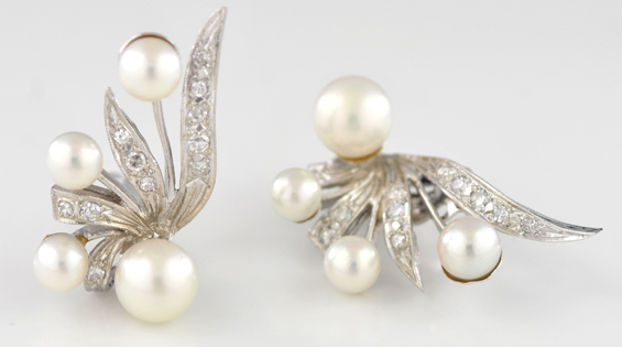 14K White Gold Diamond and Pearl Earrings