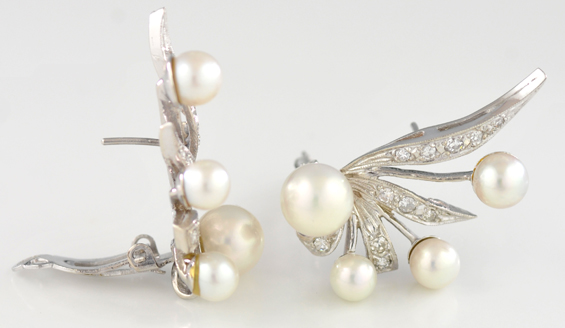 14K White Gold Diamond and Pearl Earrings