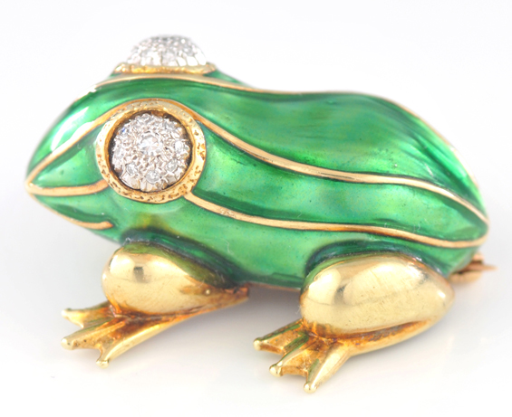 14K Green Enamel Frog Pin
