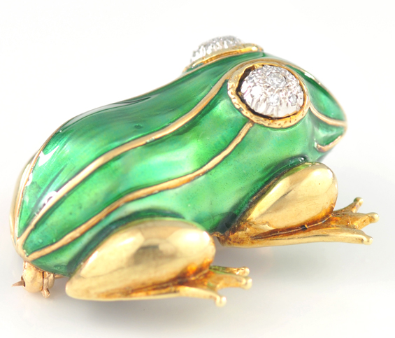14K Green Enamel Frog Pin