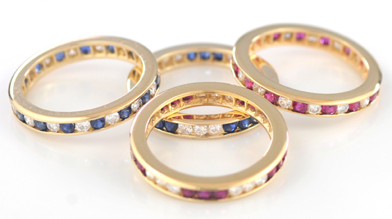 Four 14K Yellow Gold Ruby, Sapphire and Diamond Rings