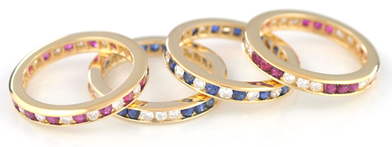 Four 14K Yellow Gold Ruby, Sapphire and Diamond Rings