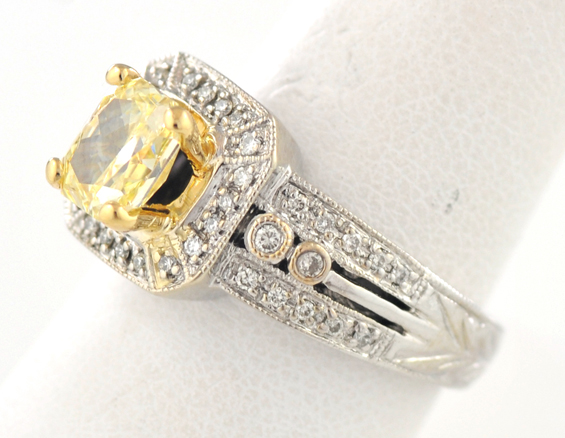 14K White Gold Diamond Ring with a GIA 1.34 Carat Fancy Yellow Diamond