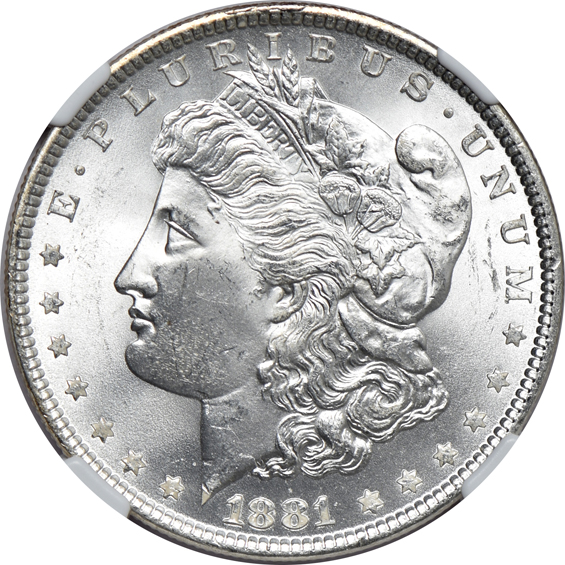 Five Morgan silver dollars certified MS-64, all CAC