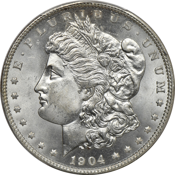 Seven certified Morgan silver dollars