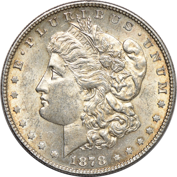 Six Morgan dollars from 1878, as described