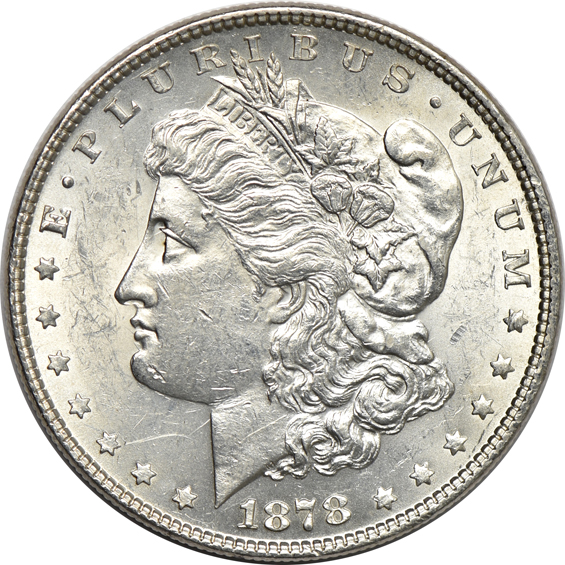 Six Morgan dollars from 1878, as described