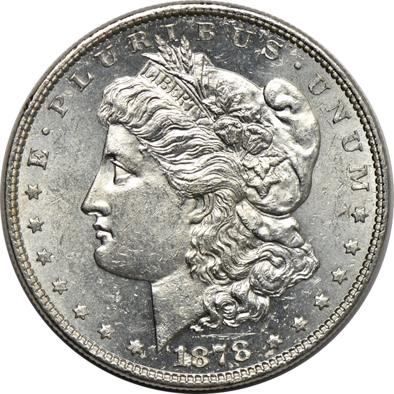 Six Morgan dollars from 1878, as described