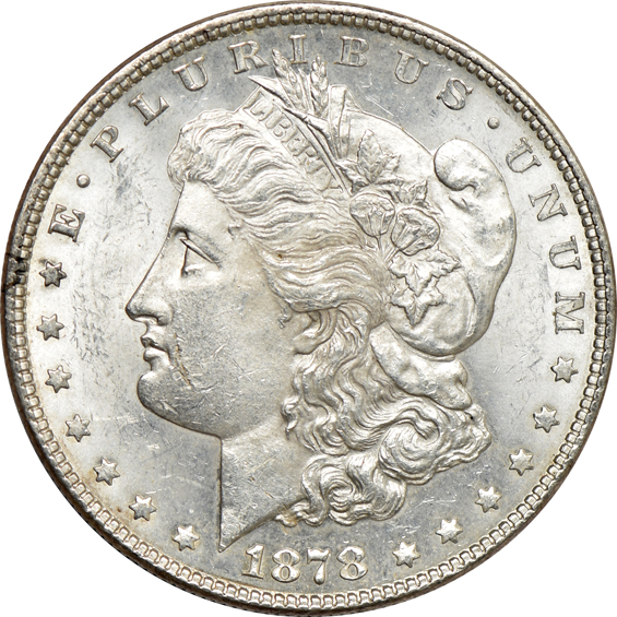 Six Morgan dollars from 1878, as described
