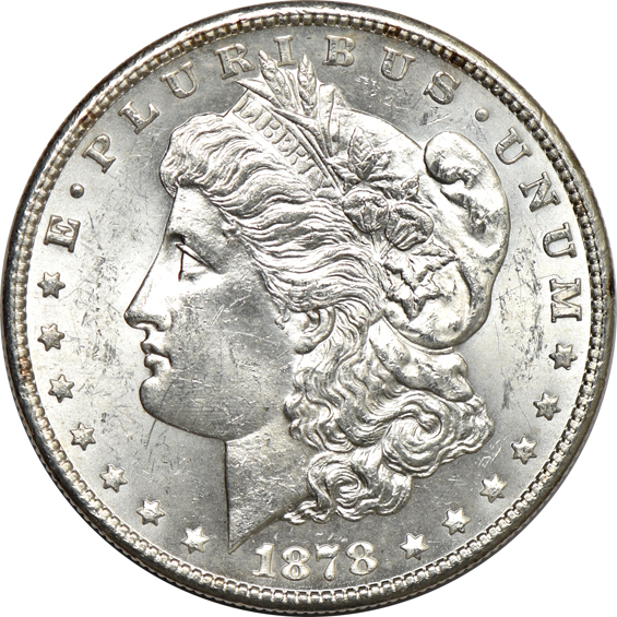 Six Morgan dollars from 1878, as described