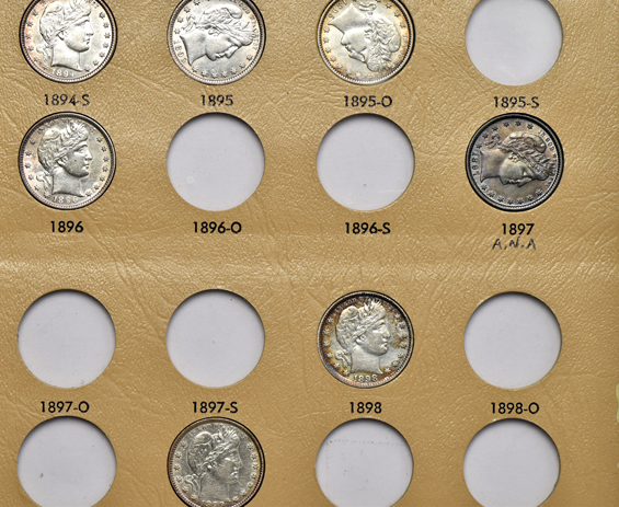 Partial collection of Barber quarters in a Dansco 7130 album