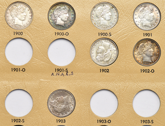 Partial collection of Barber quarters in a Dansco 7130 album