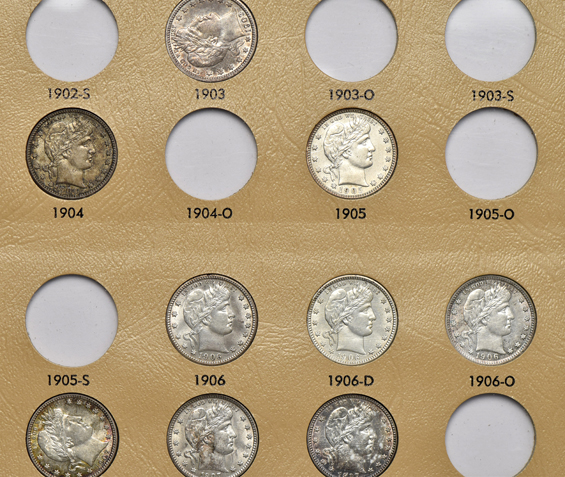 Partial collection of Barber quarters in a Dansco 7130 album