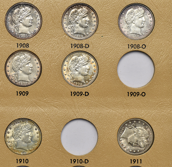 Partial collection of Barber quarters in a Dansco 7130 album