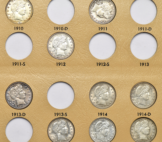 Partial collection of Barber quarters in a Dansco 7130 album