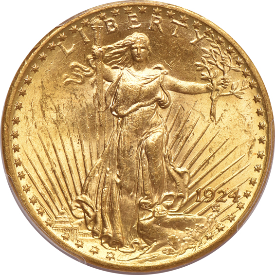1900 Liberty double-eagle, and a 1924 Saint-Gaudens double-eagle, both PCGS MS-62