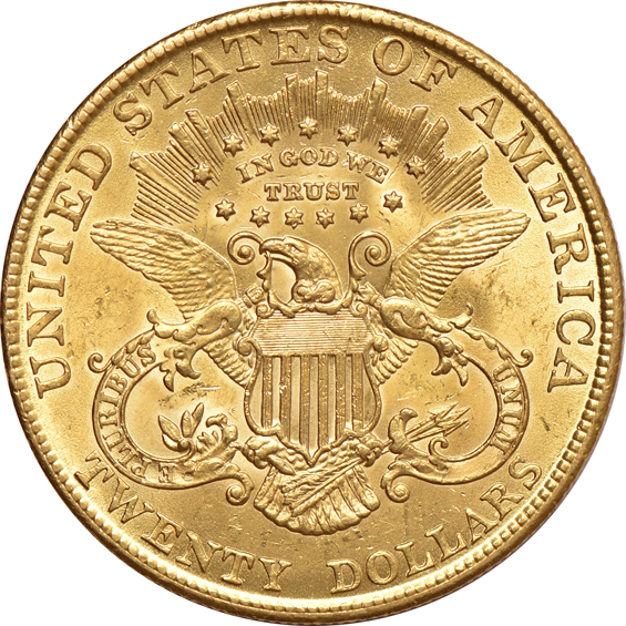 1862 gold dollar, 1907 double-eagle, and a 1908 Indian eagle, as described
