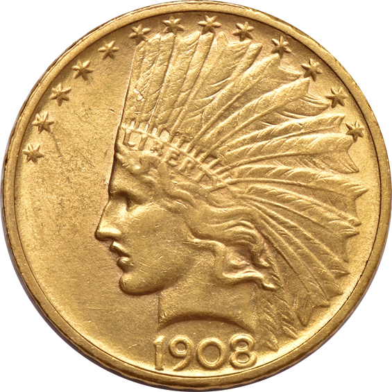 1862 gold dollar, 1907 double-eagle, and a 1908 Indian eagle, as described
