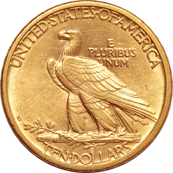 1862 gold dollar, 1907 double-eagle, and a 1908 Indian eagle, as described