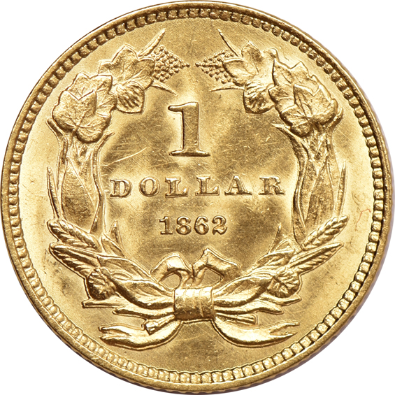1862 gold dollar, 1907 double-eagle, and a 1908 Indian eagle, as described
