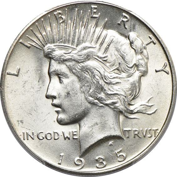 1934-S AU-55, 1935 MS-63, and a 1935-S MS-63, all PCGS