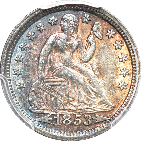 1853 with Arrows Liberty Seated dime AU-55, 1861 Liberty Seated quarter AU-55, and an 1882 Shield nickel MS-62, all PCGS