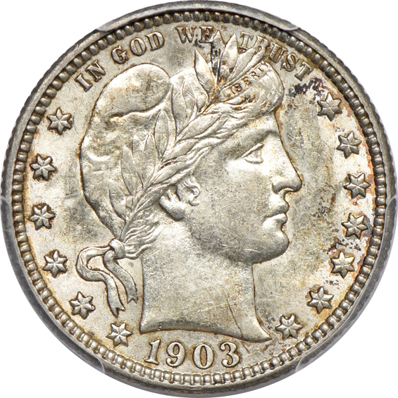 Ten Barber quarters certified AU by PCGS