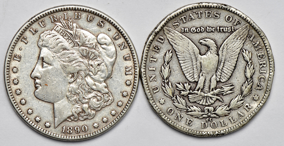 Six Carson City Morgan silver dollars, as described
