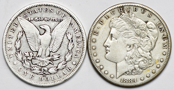 Six Carson City Morgan silver dollars, as described