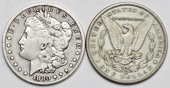 Six Carson City Morgan silver dollars, as described