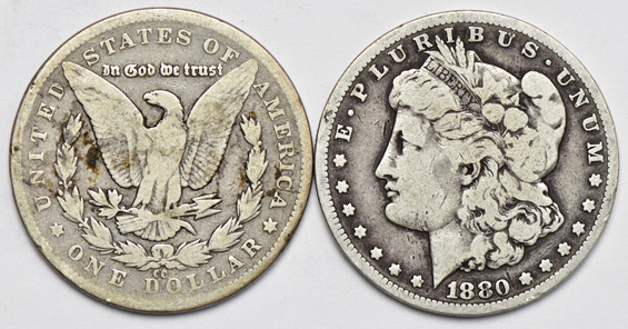 Six Carson City Morgan silver dollars, as described