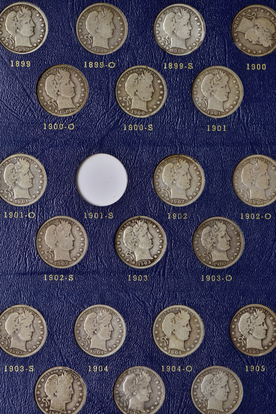Collection of seventy-one different Barber quarters in a Whitman 9416 album