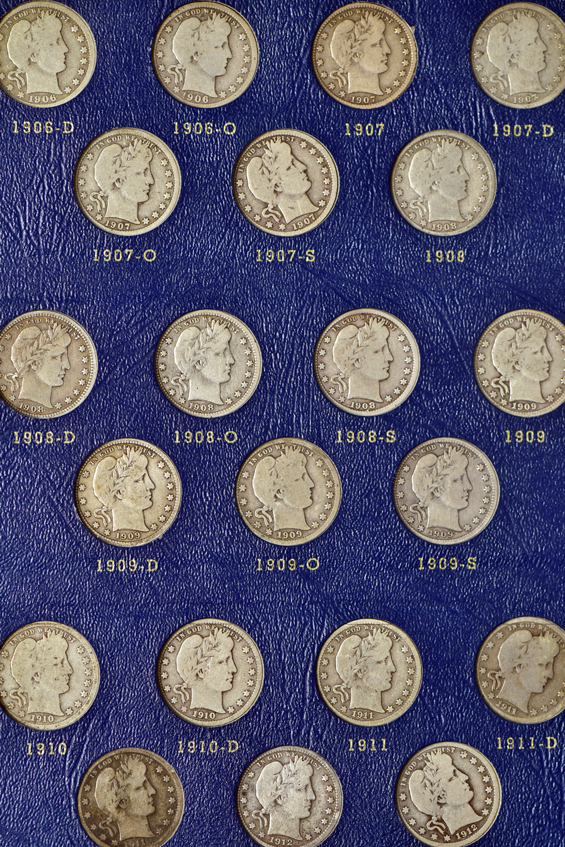 Collection of seventy-one different Barber quarters in a Whitman 9416 album