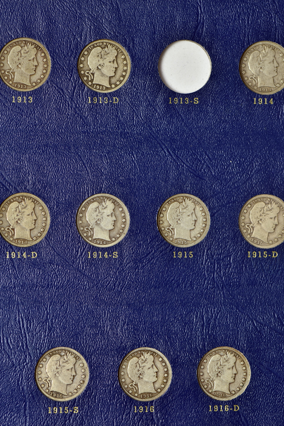 Collection of seventy-one different Barber quarters in a Whitman 9416 album