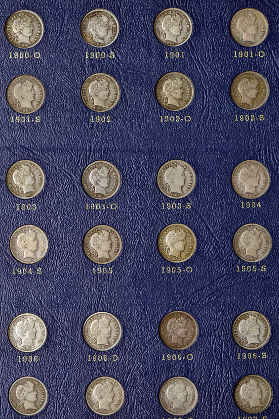 Complete collection of Barber dimes in a Whitman 9412 album