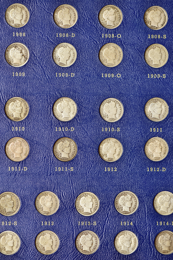 Complete collection of Barber dimes in a Whitman 9412 album