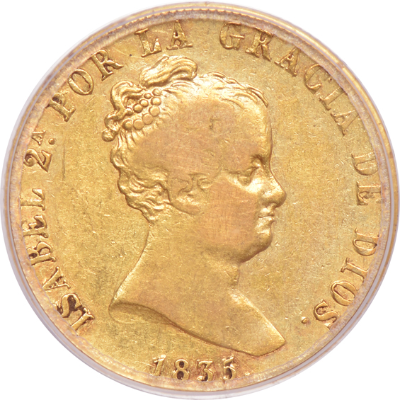 Spain - 1835-M Cr 80 reale PCGS VF-30, and an 1859 Seville 10 reale NGC AU-55