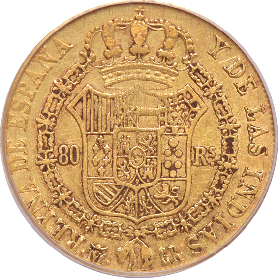 Spain - 1835-M Cr 80 reale PCGS VF-30, and an 1859 Seville 10 reale NGC AU-55