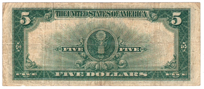 1923 $5 Porthole Fr# 282 - VF
