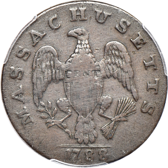 1788 Massachusetts cent VF-20, 1837 Feuchtwanger cents AU-55 and MS-62, and an 1875-CC Trade dollar VF/cleaned, all PCGS